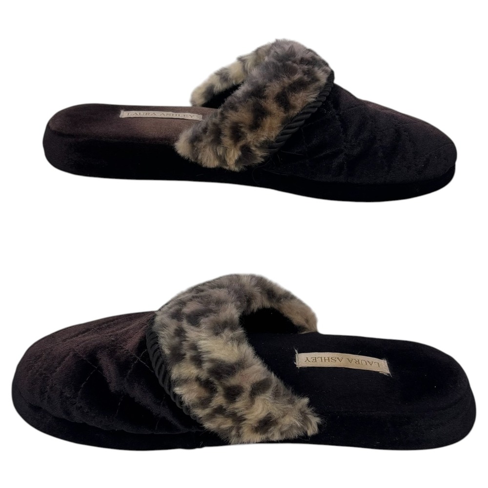 Laura Ashley Slippers Womens Large 8-9 Dark Purple Leopard Faux Fur House Slide